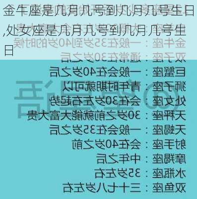 金牛座是几月几号到几月几号生日,处女座是几月几号到几月几号生日